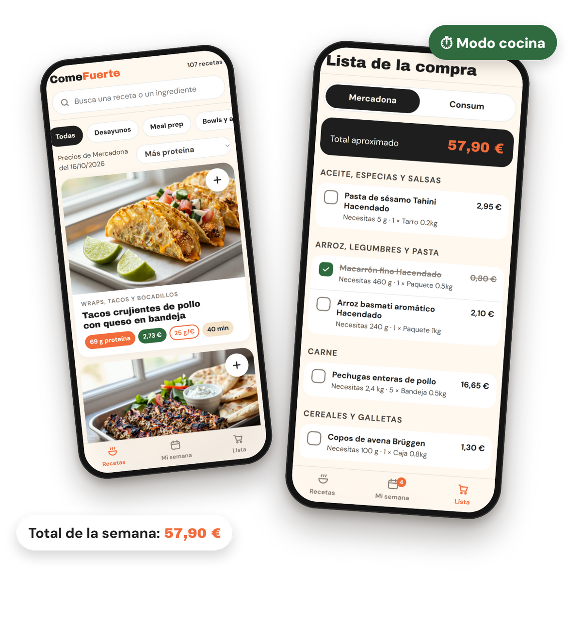 La app ComeFuerte en el móvil: recetas y lista de la compra de la semana