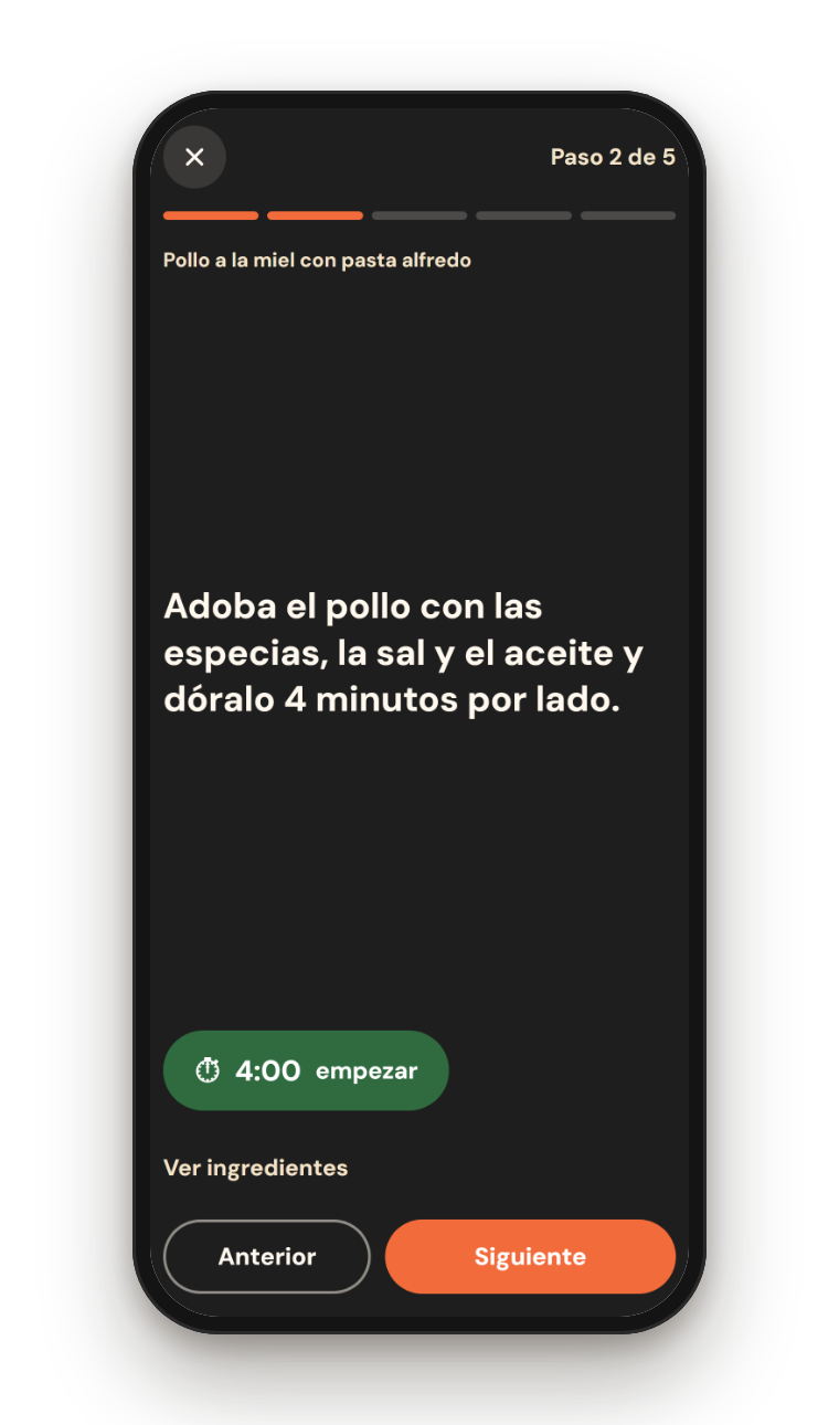 Modo cocina paso a paso con temporizador