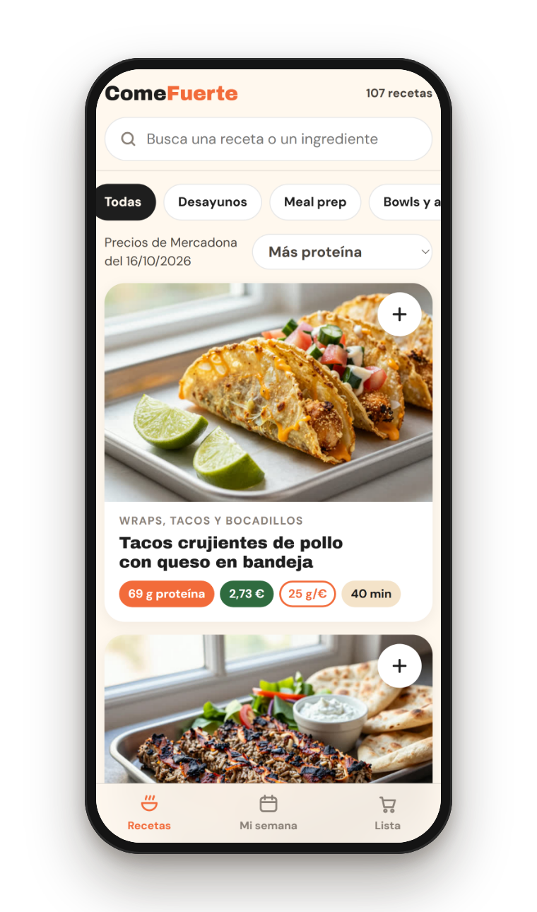 Pantalla de recetas de la app con filtros y proteína por ración
