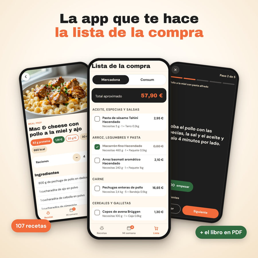 La app ComeFuerte: recetas, lista de la compra con el total y modo cocina