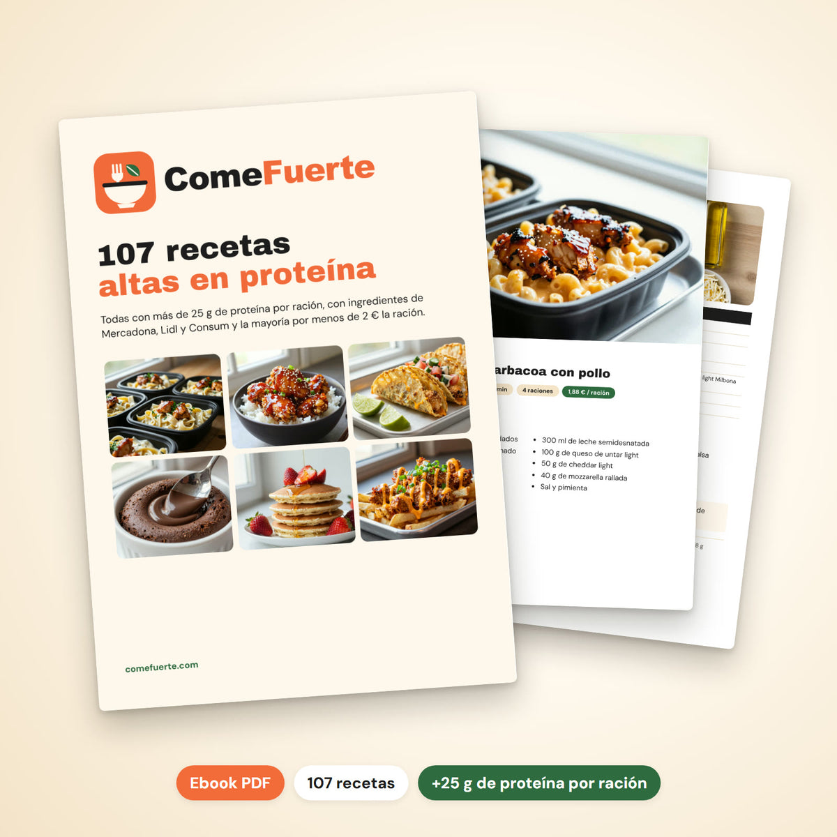Ebook ComeFuerte: 107 recetas altas en proteína, portada y páginas interiores