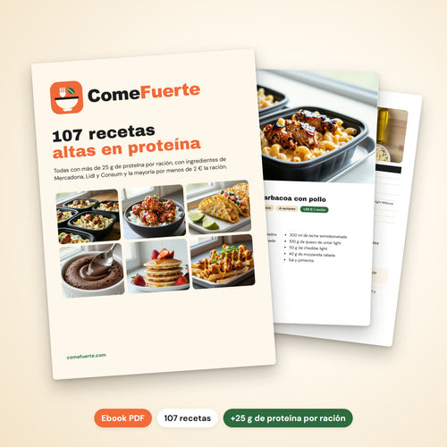 Ebook ComeFuerte: 107 recetas altas en proteína, portada y páginas interiores