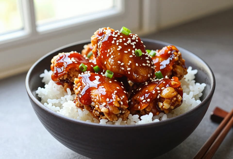 Pollo coreano crujiente y pegajoso con arroz
