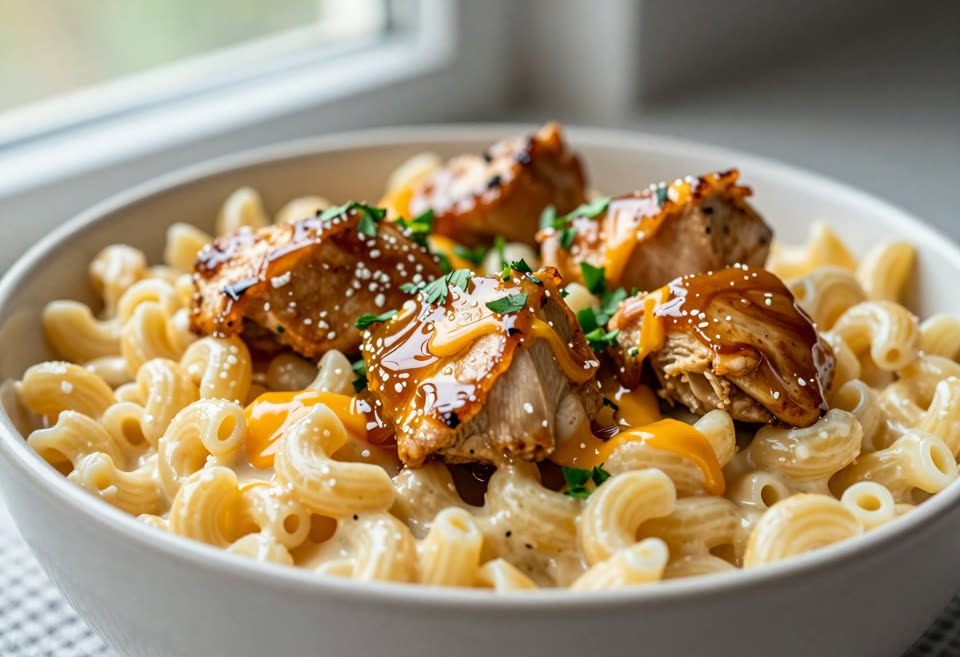 Mac & cheese con pollo a la miel y ajo
